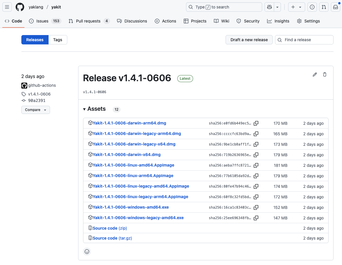 Yakit GitHub页面v1.4.1-0606版本发布页
