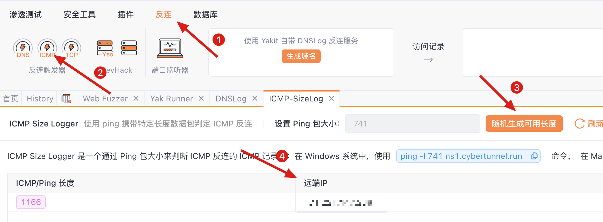 Yakit反连模块ICMP Size Logger界面截图