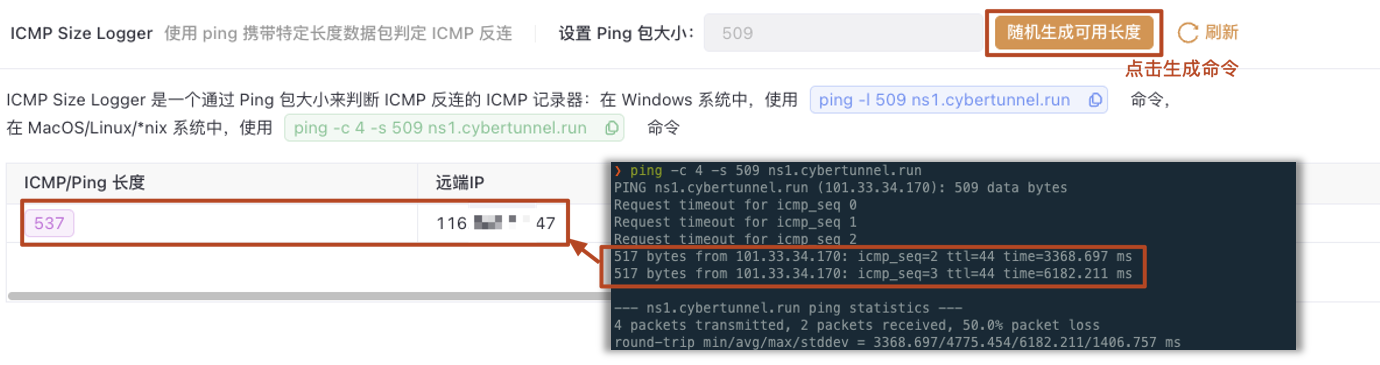 Yakit ICMP Size Logger 界面与终端回显