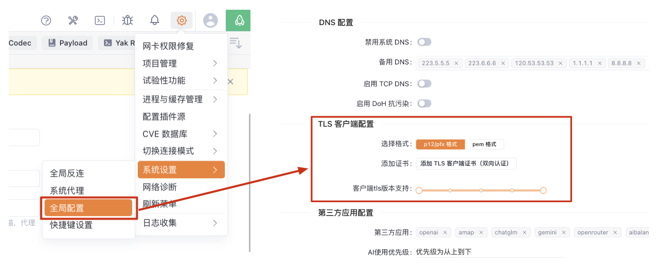 Yakit全局配置界面展示mTLS设置