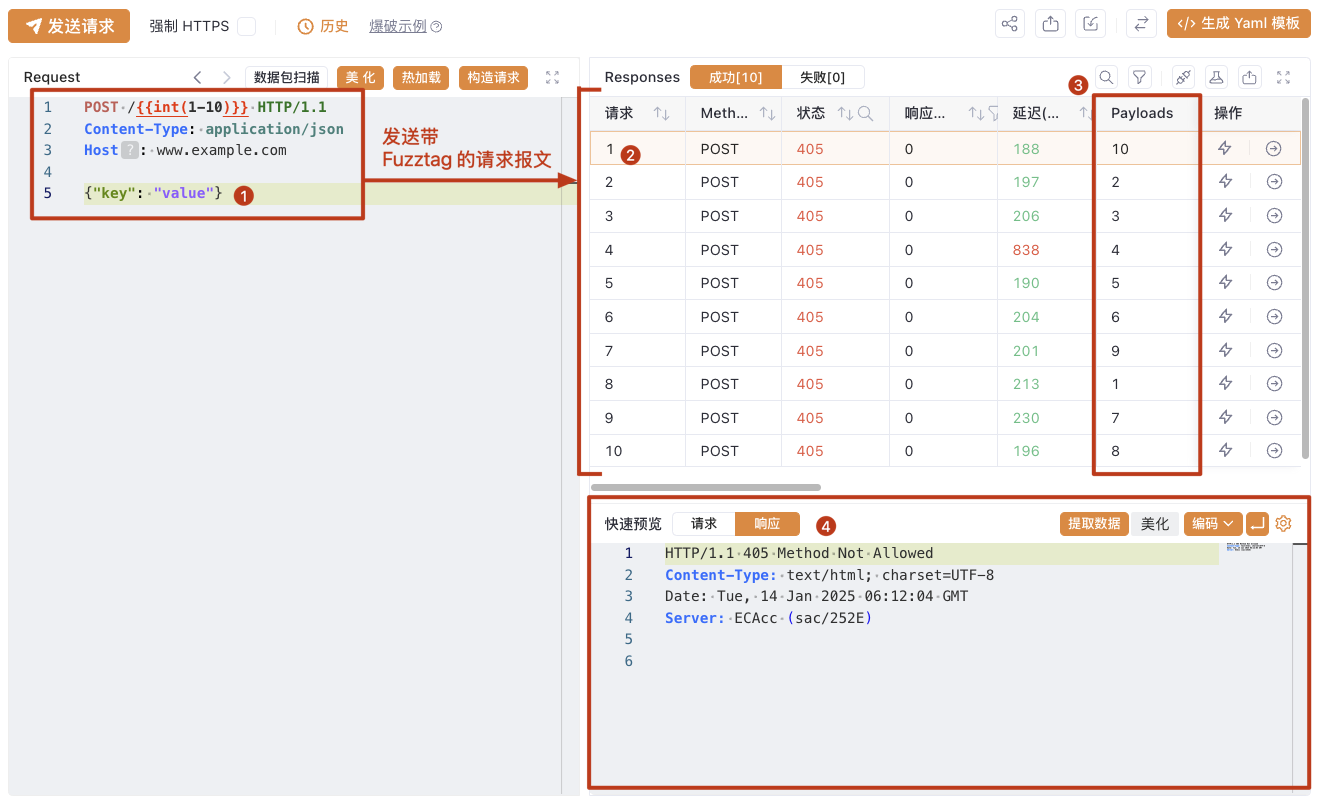Yakit界面展示带Fuzztag的请求报文与批量测试结果
